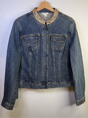 Harold's Blue Y2K Denim Jacket with Gold Bead Embellished Collar Women's Size XL